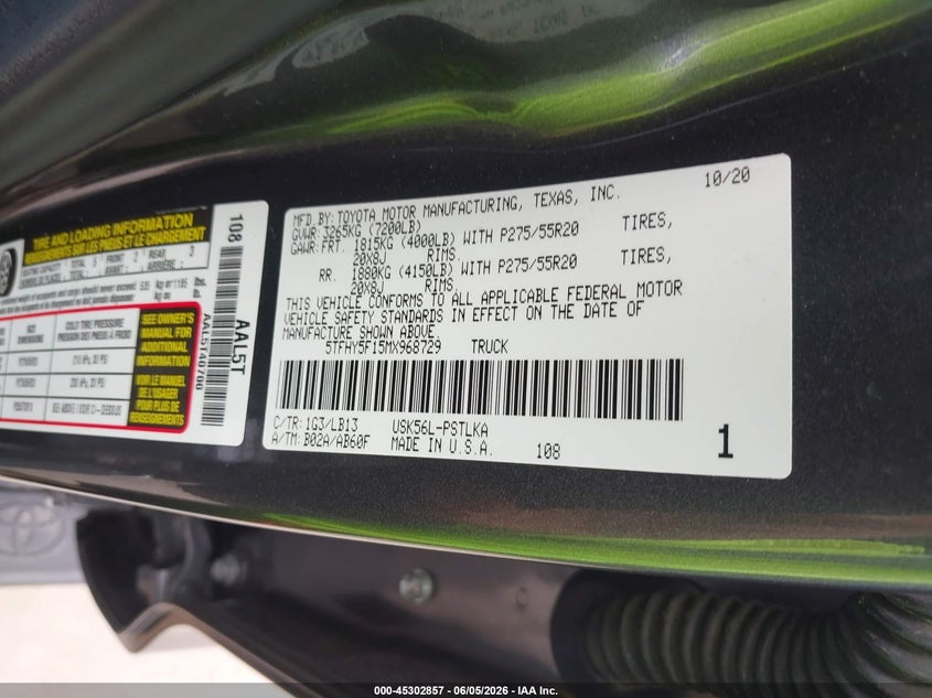 2021 Toyota Tundra VIN 5TFHY5F15MX968729 IAAI salvage auction — FRONT & REAR, Salvage Title, sold $21,000 on 2026-07-16 (photo 9)