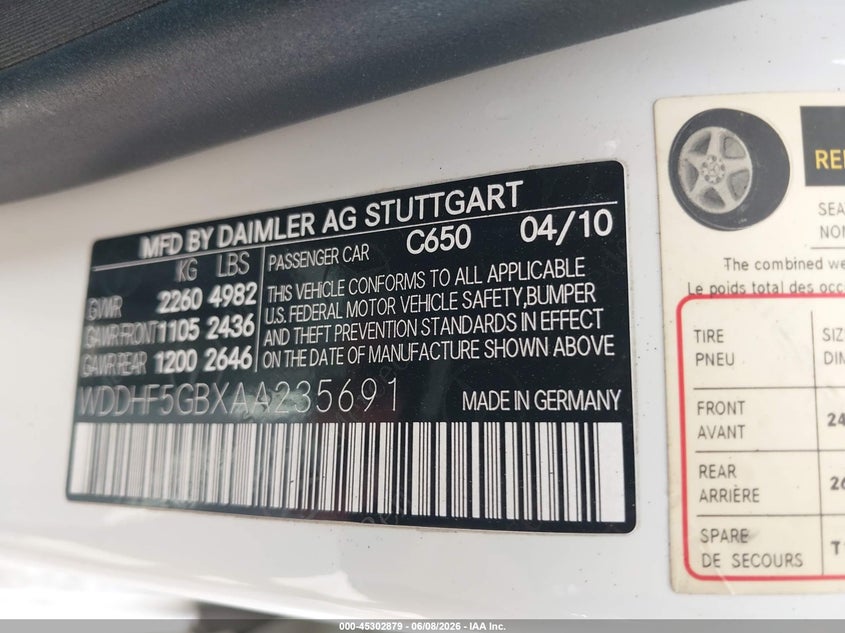 2010 Mercedes-benz E-klasse VIN WDDHF5GBXAA235691 IAAI salvage auction — FRONT END, Original (Texas), sold $1,400 on 2026-07-28 (photo 9)