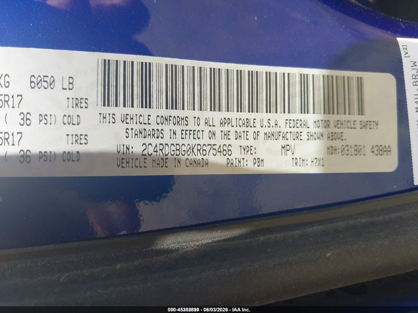 2019 Dodge Grand caravan VIN 2C4RDGBG0KR675466 IAAI salvage auction — NORMAL WEAR, Sf97 (Ohio), sold $11,550 on 2026-07-15 (photo 9)