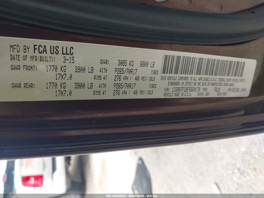 2015 Ram 1500 VIN 1C6RR7FG9FS660178 IAAI salvage auction — REAR END, Salvage Title, sold $1,750 on 2026-07-23 (photo 9)