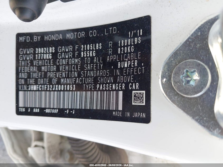 2018 Honda Civic VIN JHMFC1F32JX001053 IAAI salvage auction — FRONT END, Salvage Title, sold $3,550 on 2026-07-29 (photo 9)