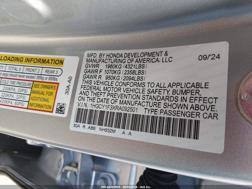 2024 Honda Accord VIN 1HGCY1F3XRA092501 IAAI salvage auction — REAR END, Salvage (Mississippi), sold $12,000 on 2026-07-29 (photo 9)