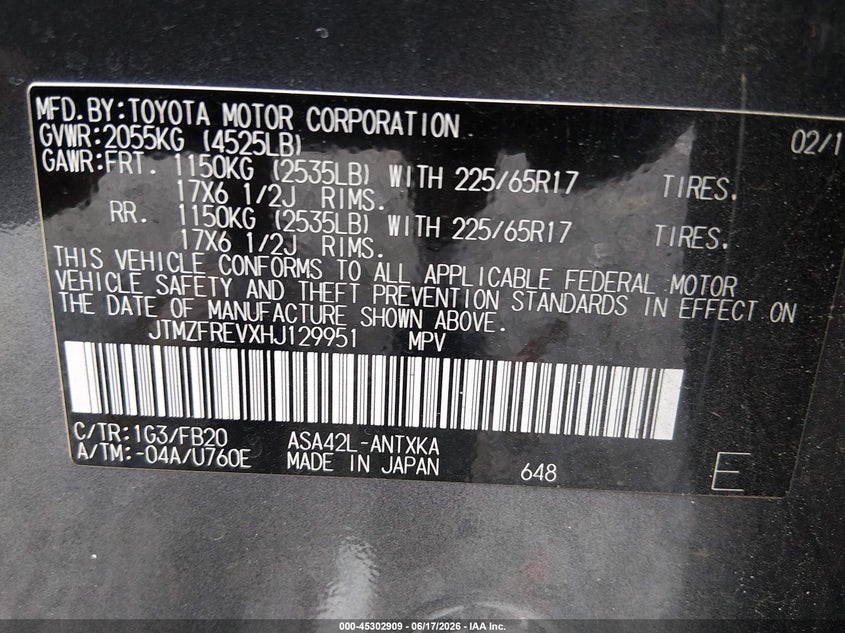 2017 Toyota Rav 4 VIN JTMZFREVXHJ129951 IAAI salvage auction — REAR END, Clear (South Carolina), sold $4,850 on 2026-07-28 (photo 9)