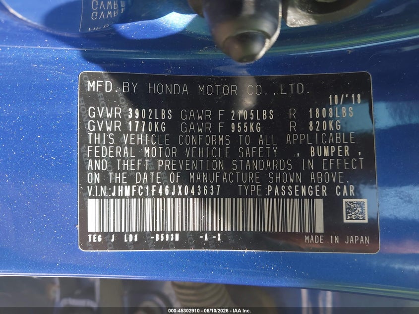2018 Honda Civic VIN JHMFC1F46JX043637 IAAI salvage auction — FRONT END, Salvage (Connecticut), sold $3,700 on 2026-07-16 (photo 9)