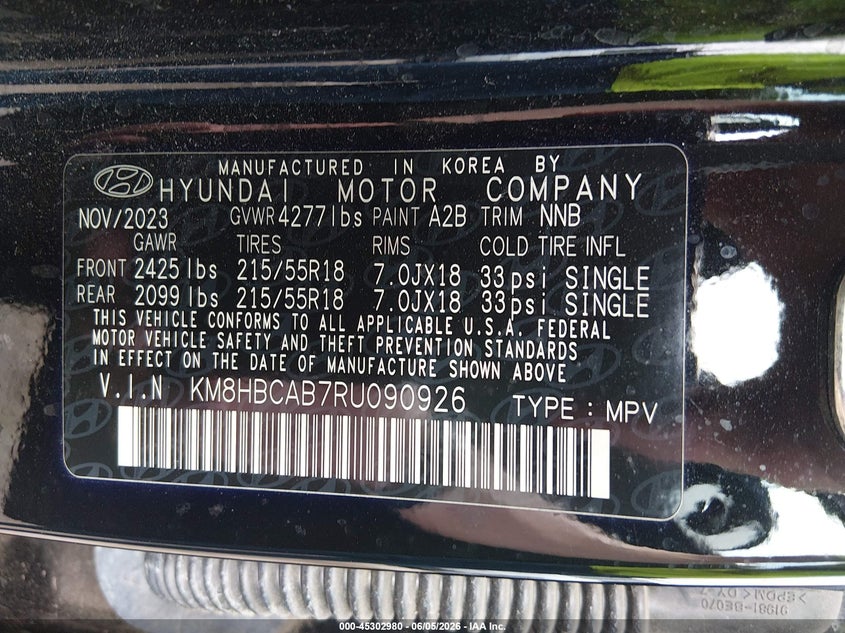 2024 Hyundai Kona VIN KM8HBCAB7RU090926 IAAI salvage auction — RIGHT FRONT, Salvage Title, sold $7,400 on 2026-07-30 (photo 9)