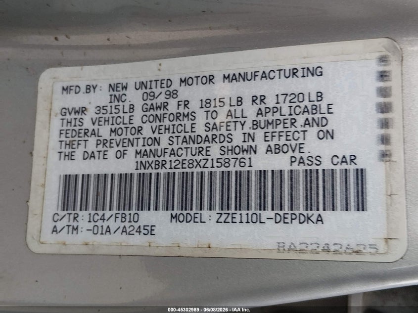 1999 Toyota Corolla VIN 1NXBR12E8XZ158761 IAAI salvage auction — NORMAL WEAR, Clear (Washington), sold $250 on 2026-07-08 (photo 9)