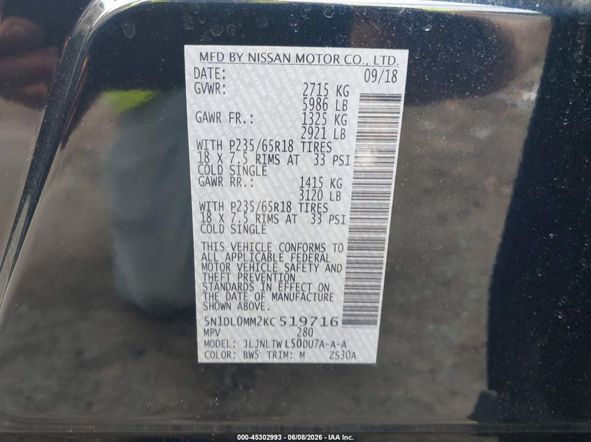 2019 Infiniti Qx60 VIN 5N1DL0MM2KC519716 IAAI salvage auction — FRONT END, Salvage (North Carolina), sold $5,750 on 2026-07-19 (photo 9)