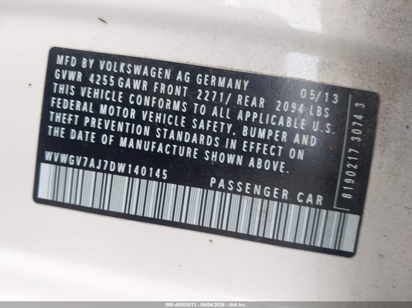 2013 Volkswagen Gti VIN WVWGV7AJ7DW140145 IAAI salvage auction — FRONT END, Salvage Title, sold $25 on 2026-07-21 (photo 9)
