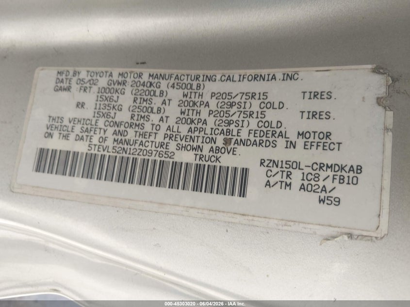 2002 Toyota Tacoma VIN 5TEVL52N12Z097652 IAAI salvage auction — REAR END, Salvage (California), sold $3,550 on 2026-07-17 (photo 9)