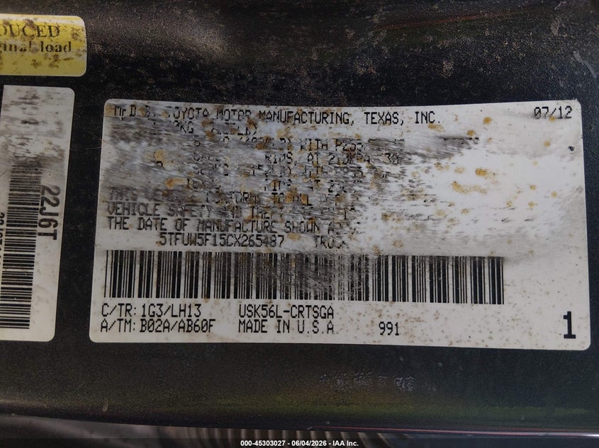 2012 Toyota Tundra VIN 5TFUW5F15CX265487 IAAI salvage auction — RIGHT FRONT, Salvage Title, sold $5,625 on 2026-07-15 (photo 9)