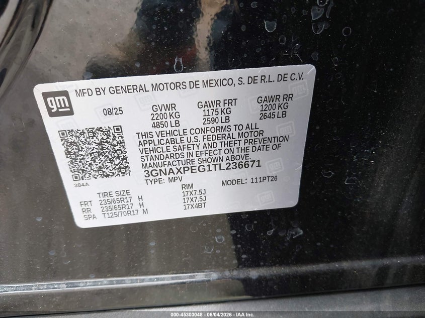 2026 Chevrolet Equinox VIN 3GNAXPEG1TL236671 IAAI salvage auction — LEFT FRONT, Salvage Title, sold $9,400 on 2026-07-05 (photo 9)