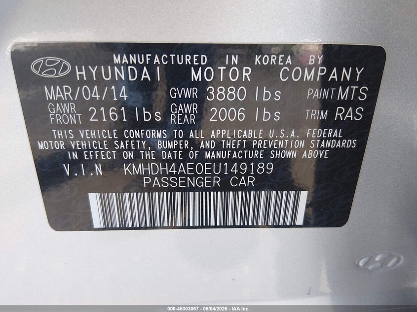 2014 Hyundai Elantra VIN KMHDH4AE0EU149189 IAAI salvage auction — FRONT END, Salvage Title, sold $725 on 2026-07-10 (photo 9)