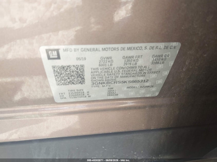 2019 Chevrolet Blazer VIN 3GNKBCRS5KS665312 IAAI salvage auction — FRONT END, Salvage Title, sold $2,100 on 2026-07-09 (photo 9)