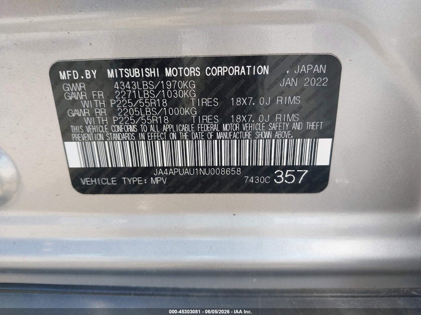 2022 Mitsubishi Outlander VIN JA4APUAU1NU008658 IAAI salvage auction — SIDE, Salvage Title, sold $4,450 on 2026-07-07 (photo 9)