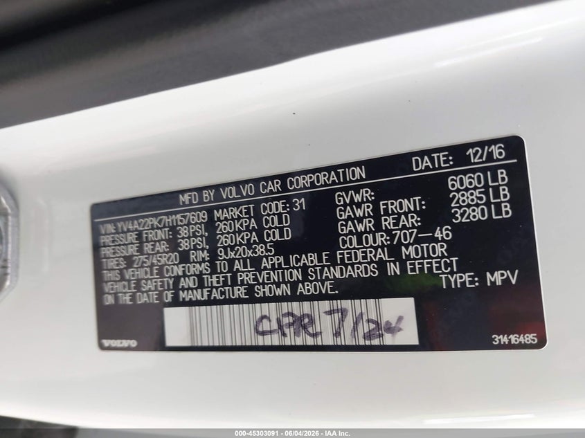 2017 Volvo Xc90 VIN YV4A22PK7H1157609 IAAI salvage auction — FRONT END, Salvage (Texas), sold $9,175 on 2026-08-05 (photo 9)
