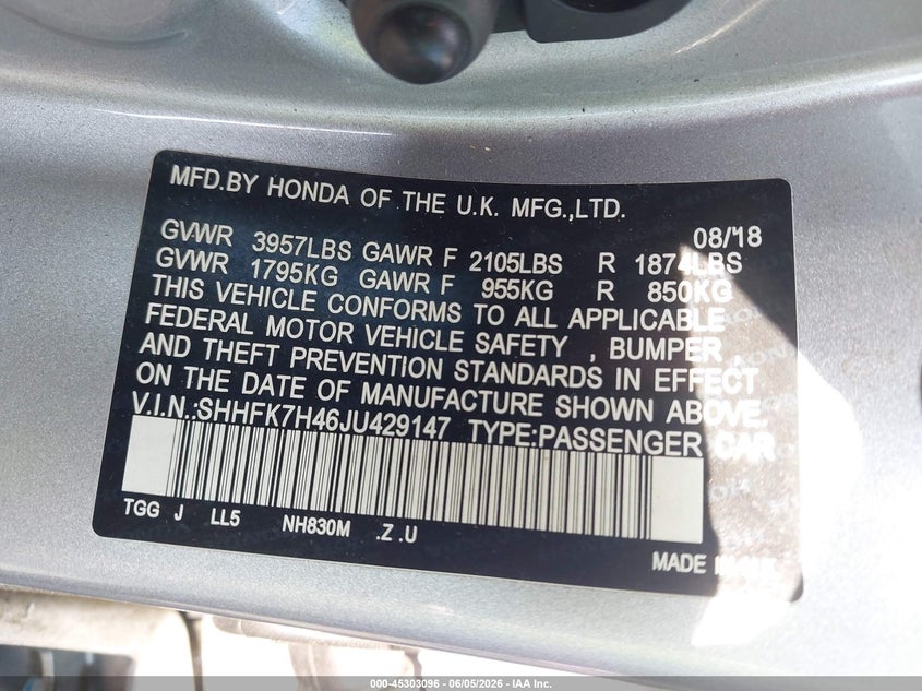 2018 Honda Civic VIN SHHFK7H46JU429147 IAAI salvage auction — LEFT REAR, Salvage Title, sold $3,400 on 2026-07-18 (photo 9)