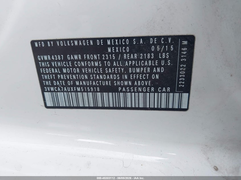 2015 Volkswagen Golf sportsvan VIN 3VWCA7AUXFM515918 IAAI salvage auction — LEFT FRONT, Salvage Title, sold $600 on 2026-07-10 (photo 9)