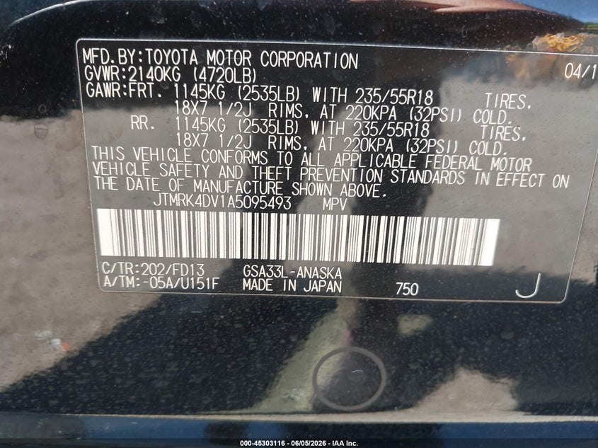 2010 Toyota Rav4 VIN JTMRK4DV1A5095493 IAAI salvage auction — LEFT SIDE, Salvage (New Jersey), sold $1,475 on 2026-07-24 (photo 9)