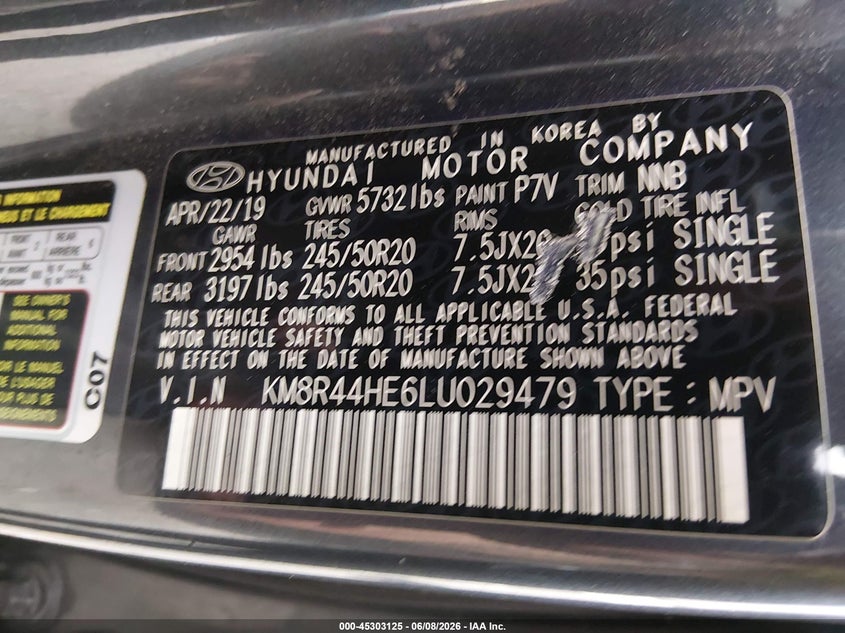 2020 Hyundai Palisade VIN KM8R44HE6LU029479 IAAI salvage auction — REAR END, Salvage (New Mexico), sold $825 on 2026-07-29 (photo 9)