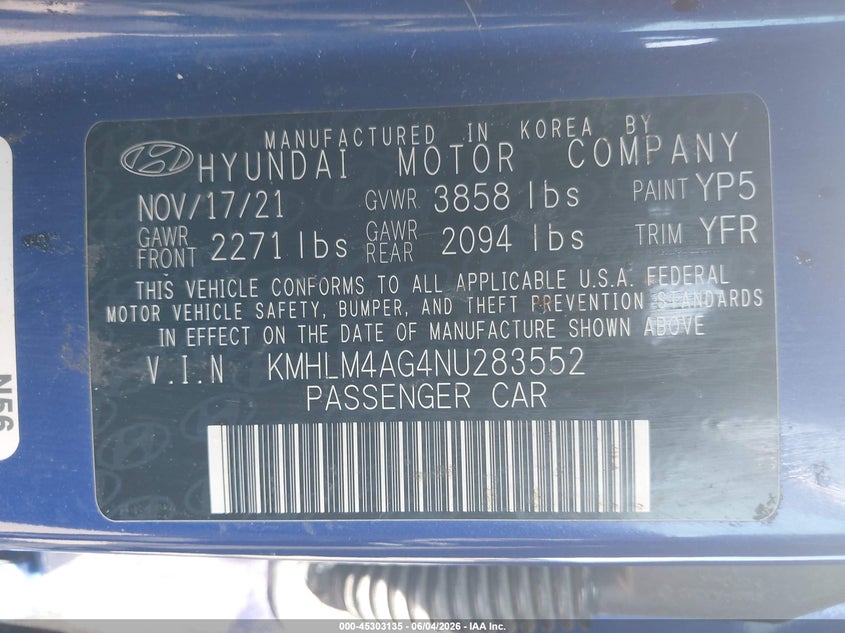 2022 Hyundai Elantra VIN KMHLM4AG4NU283552 IAAI salvage auction — REAR END, Salvage Title, sold $1,700 on 2026-07-22 (photo 9)