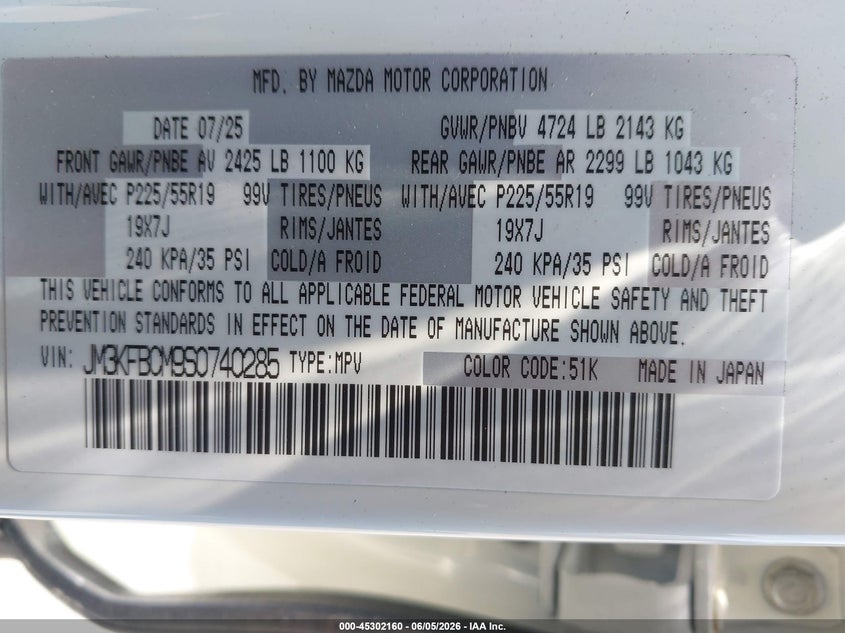 2025 Mazda Cx-5 VIN JM3KFBCM9S0740285 IAAI salvage auction — FRONT END, Salvage Title, sold $12,200 on 2026-07-08 (photo 9)
