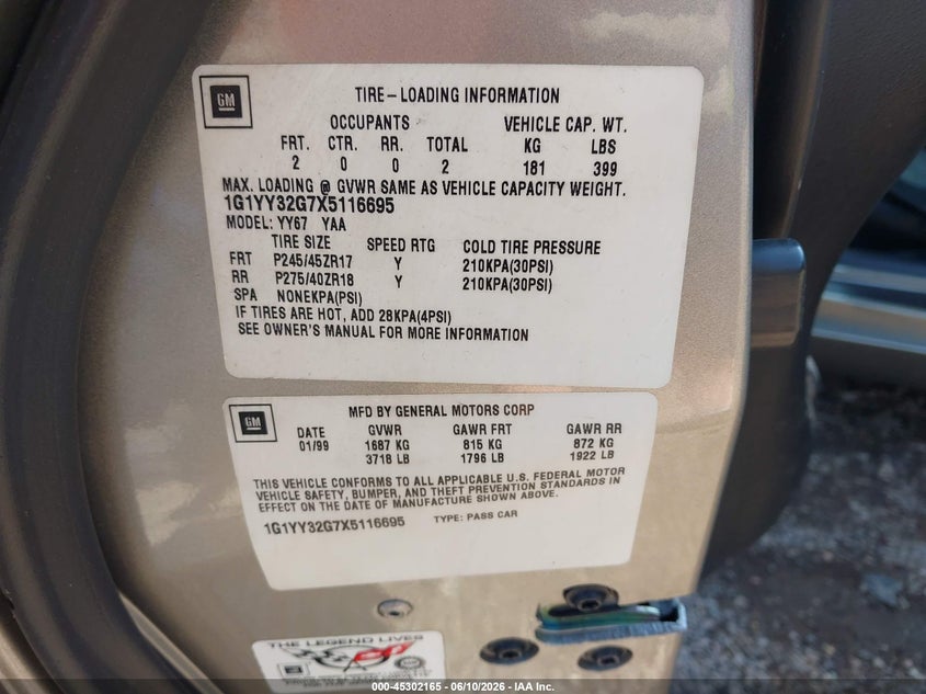 1999 Chevrolet Corvette VIN 1G1YY32G7X5116695 IAAI salvage auction — FRONT END, Salvage (Alabama), sold $3,750 on 2026-07-26 (photo 9)