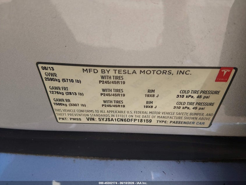2013 Tesla Model s VIN 5YJSA1CN6DFP18159 IAAI salvage auction — SIDE, Salvage (Mississippi), sold $5,050 on 2026-07-09 (photo 9)