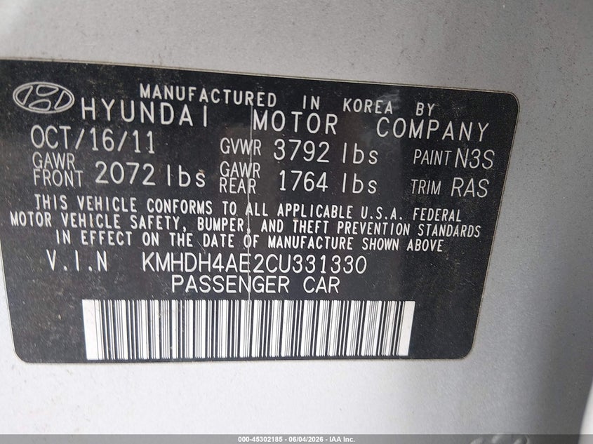 2012 Hyundai Elantra VIN KMHDH4AE2CU331330 IAAI salvage auction — LEFT SIDE, Salvage (Louisiana), sold $400 on 2026-07-27 (photo 9)
