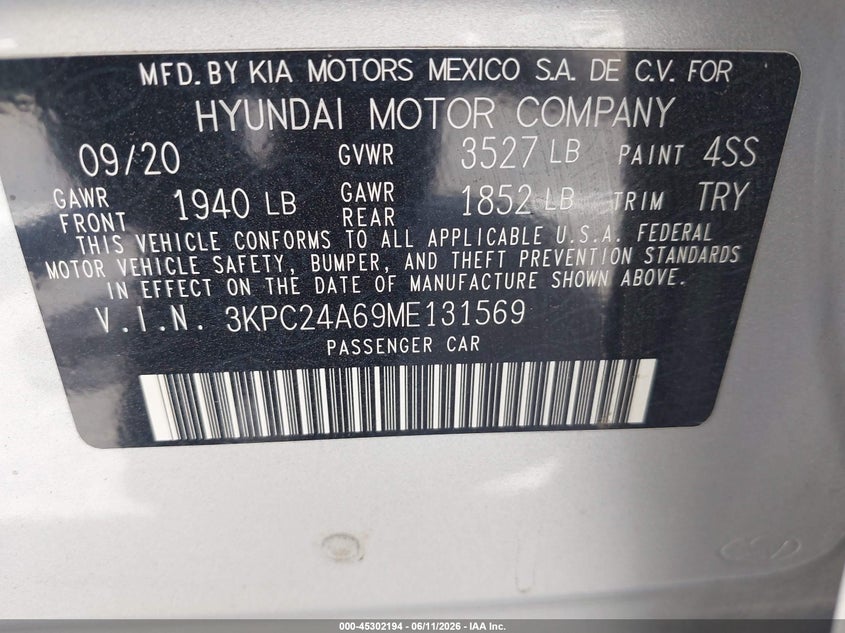 2021 Hyundai Accent VIN 3KPC24A69ME131569 IAAI salvage auction — FRONT END, Salvage Title, sold $2,150 on 2026-07-24 (photo 9)