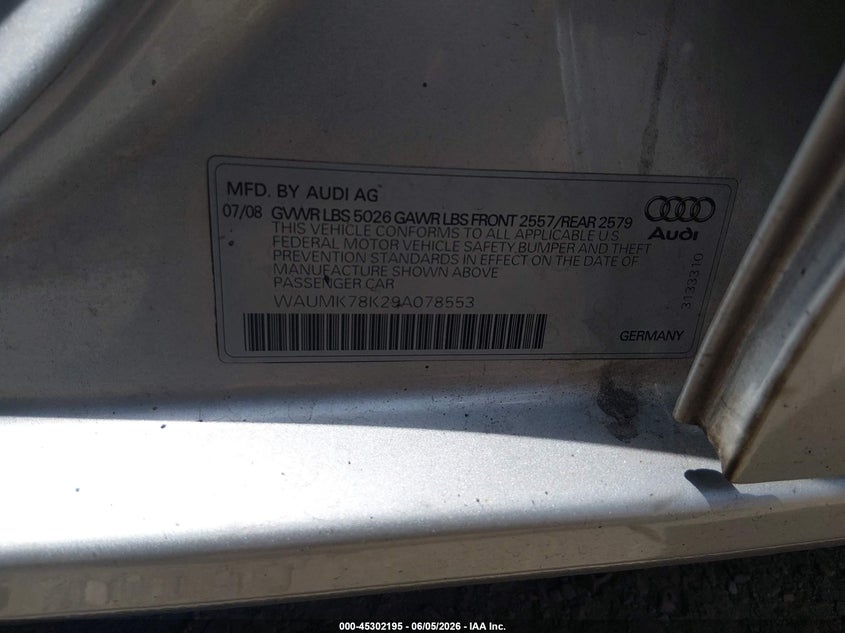 2009 Audi A4 VIN WAUMK78K29A078553 IAAI salvage auction — FRONT END, Salvage - Greater Than 75% (Maryland), sold $300 on 2026-07-23 (photo 9)