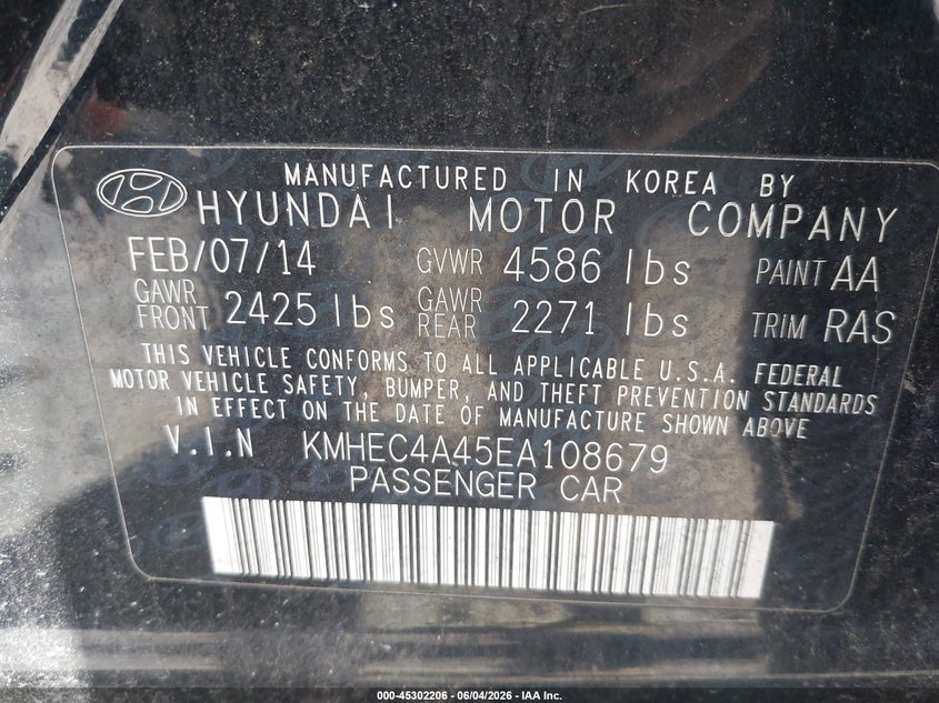 2014 Hyundai Sonata VIN KMHEC4A45EA108679 IAAI salvage auction — ENGINE DAMAGE, Salvage Title, sold $325 on 2026-07-23 (photo 9)