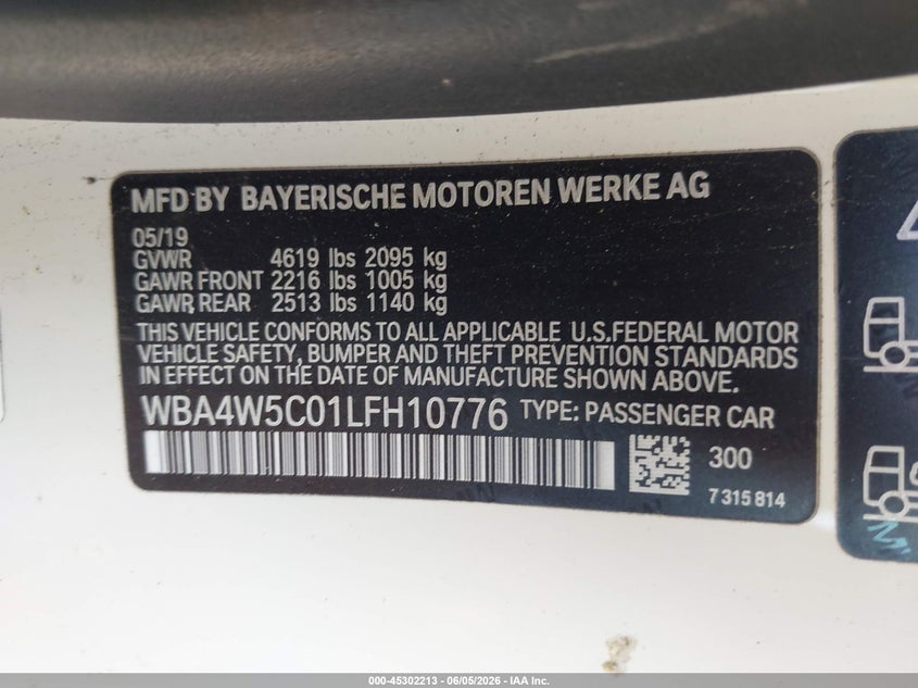 2020 BMW 4er VIN WBA4W5C01LFH10776 IAAI salvage auction — FRONT END, Salvage Title, sold $6,375 on 2026-07-08 (photo 9)