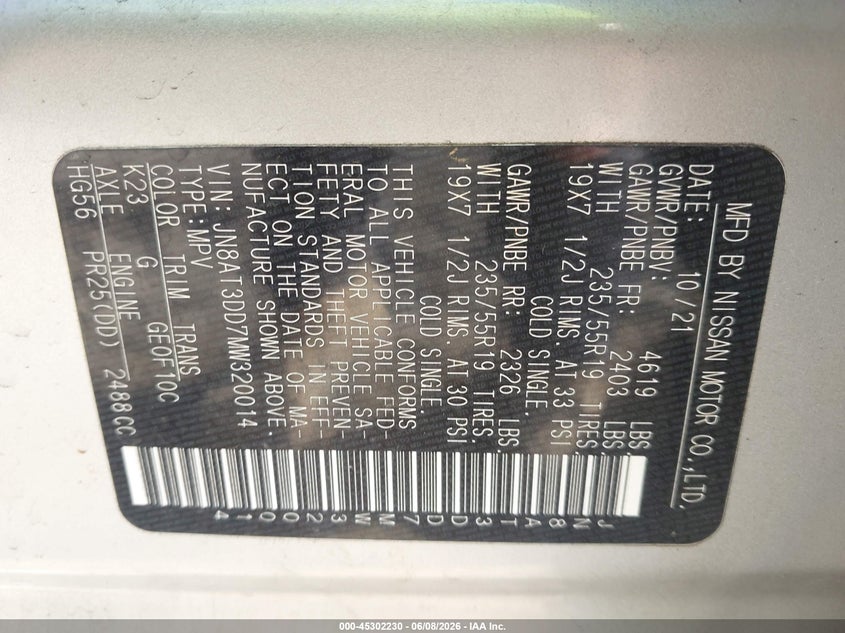 2021 Nissan Rogue VIN JN8AT3DD7MW320014 IAAI salvage auction — REAR END, Salvage Title, sold $6,200 on 2026-07-14 (photo 9)