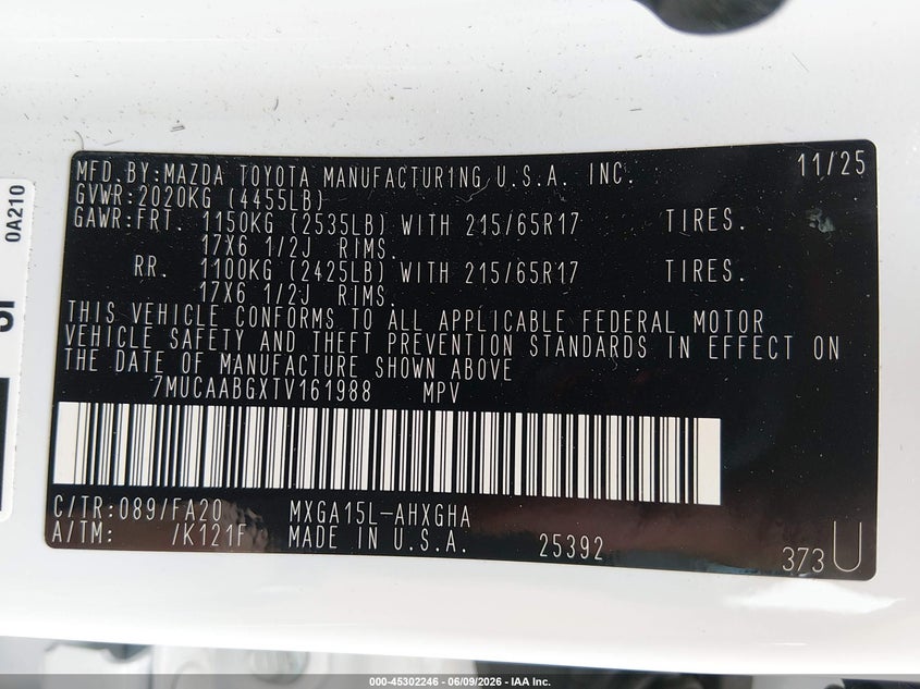 2026 Toyota Corolla cross VIN 7MUCAABGXTV161988 IAAI salvage auction — FRONT END, Salvage Title, sold $6,600 on 2026-07-23 (photo 9)