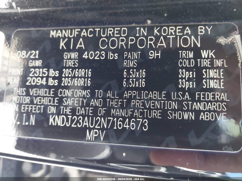 2022 Kia Soul VIN KNDJ23AU2N7164673 IAAI salvage auction — FRONT END, Salvage Title, sold $2,000 on 2026-07-09 (photo 9)