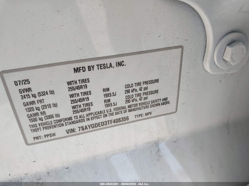 2026 Tesla Model y VIN 7SAYGDED3TF408356 IAAI salvage auction — LEFT FRONT, Salvage (California), sold $22,050 on 2026-07-27 (photo 9)