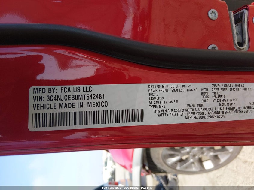 2021 Jeep Compass VIN 3C4NJCEB0MT542481 IAAI salvage auction — FRONT END, Salvage Title, sold $600 on 2026-07-22 (photo 9)