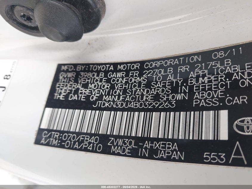 2011 Toyota Prius VIN JTDKN3DU4B0329263 IAAI salvage auction — FRONT END, Junk Bill Of Sale Mv2459 (Wisconsin), sold $1,300 on 2026-07-07 (photo 9)
