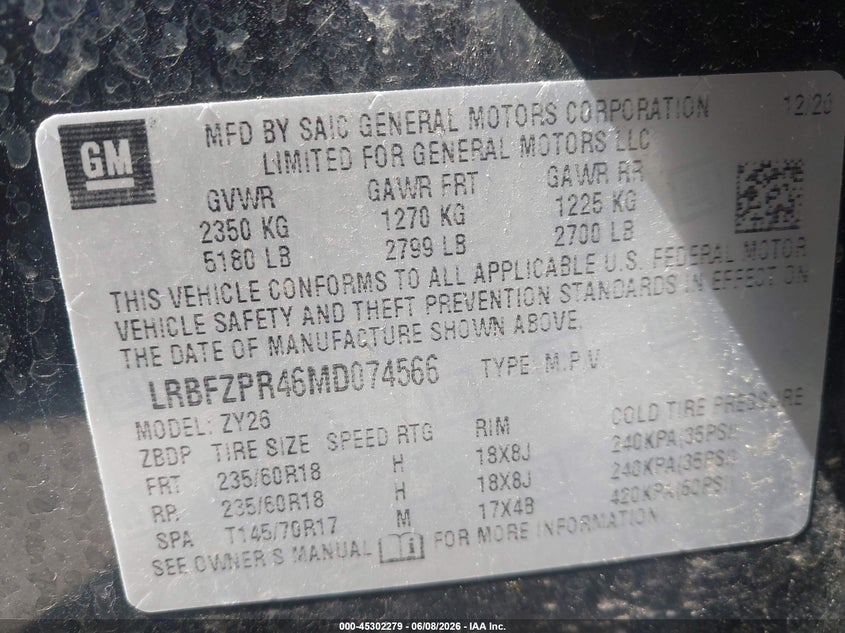 2021 Buick Envision VIN LRBFZPR46MD074566 IAAI salvage auction — HAIL, Salvage (Ohio), sold $9,600 on 2026-07-28 (photo 9)