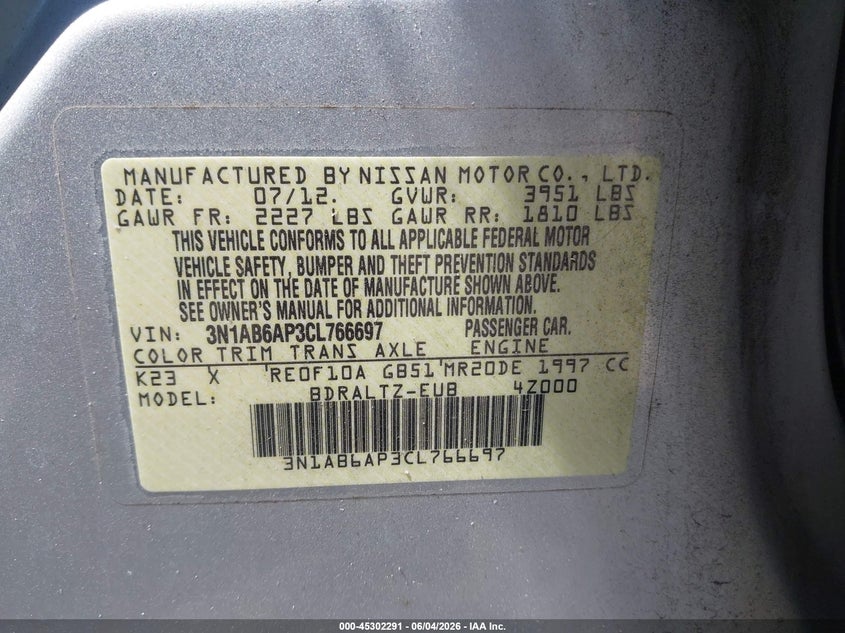 2012 Nissan Sentra VIN 3N1AB6AP3CL766697 IAAI salvage auction — SIDE, Salvage Title, sold $475 on 2026-07-09 (photo 9)