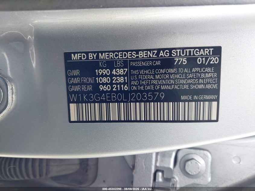 2020 Mercedes-benz A-klasse VIN W1K3G4EB0LJ203579 IAAI salvage auction — FRONT END, Salvage Title, sold $7,500 on 2026-07-23 (photo 9)