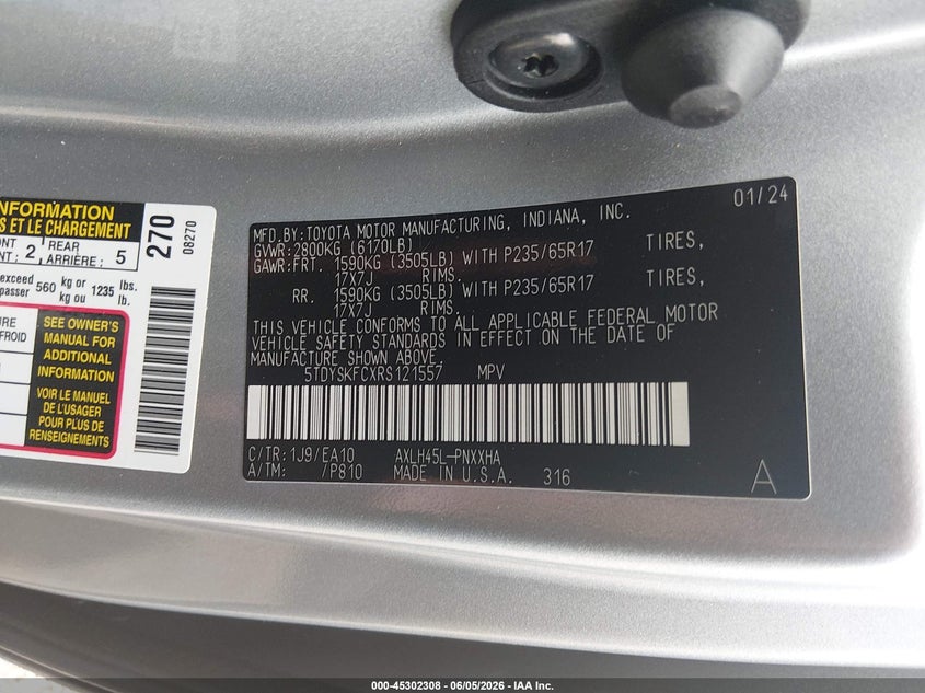 2024 Toyota Sienna VIN 5TDYSKFCXRS121557 IAAI salvage auction — LEFT FRONT, Salvage Title, sold $22,250 on 2026-07-08 (photo 9)