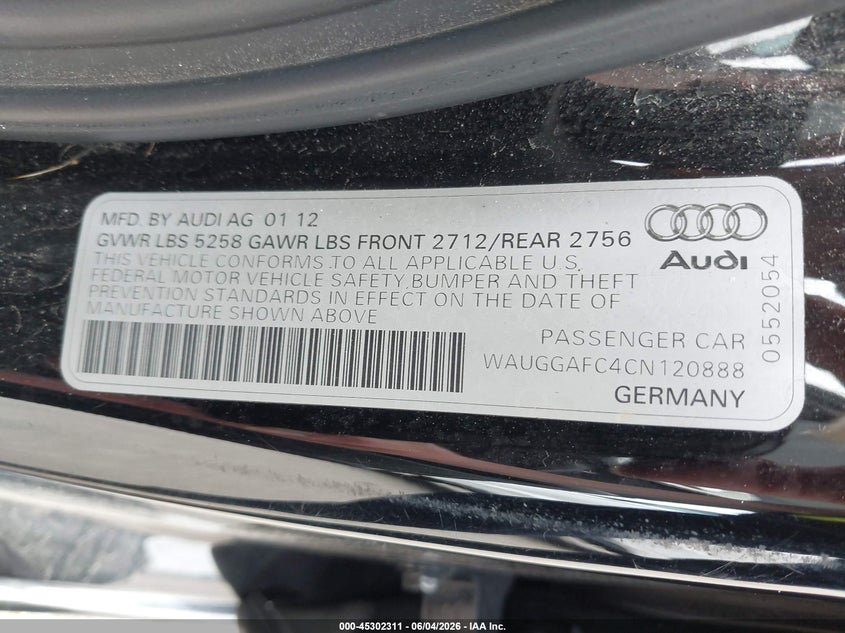 2012 Audi A6 VIN WAUGGAFC4CN120888 IAAI salvage auction — FRONT END, Prior Salvage (Minnesota), sold $700 on 2026-07-29 (photo 9)