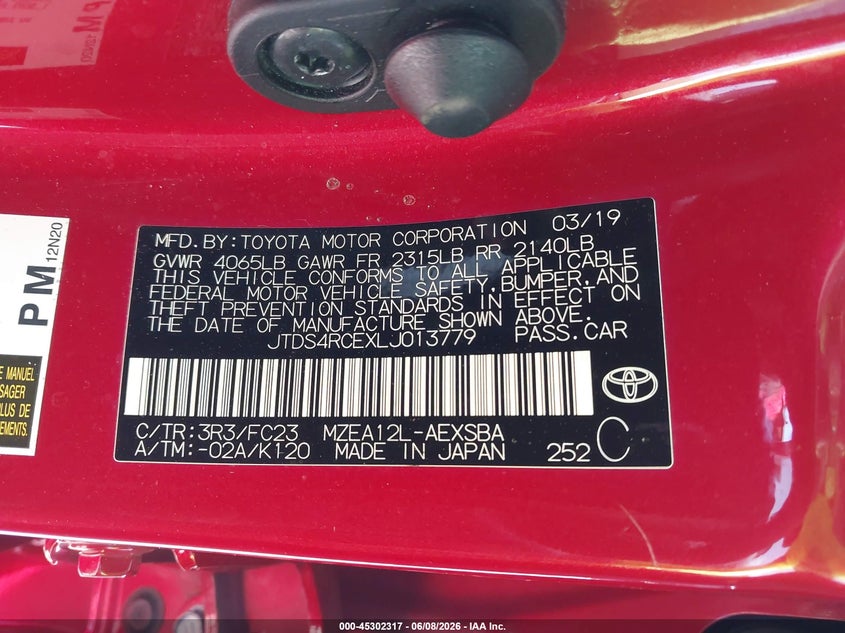 2020 Toyota Corolla VIN JTDS4RCEXLJ013779 IAAI salvage auction — FRONT END, Salvage Title, sold $1,475 on 2026-07-13 (photo 9)