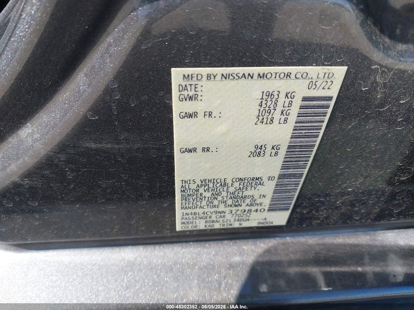2022 Nissan Altima VIN 1N4BL4CV9NN379840 IAAI salvage auction — REAR END, Salvage Title, sold $3,900 on 2026-07-09 (photo 9)