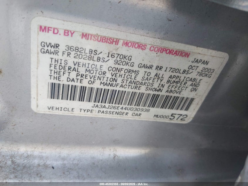 2004 Mitsubishi Lancer VIN JA3AJ26E44U030938 IAAI salvage auction — FRONT END, Salvage (Georgia), sold $175 on 2026-07-28 (photo 9)