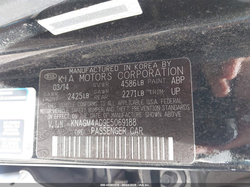 2014 Kia Optima VIN KNAGM4AD9E5069188 IAAI salvage auction — RIGHT SIDE, Salvage Title, sold $325 on 2026-07-23 (photo 9)