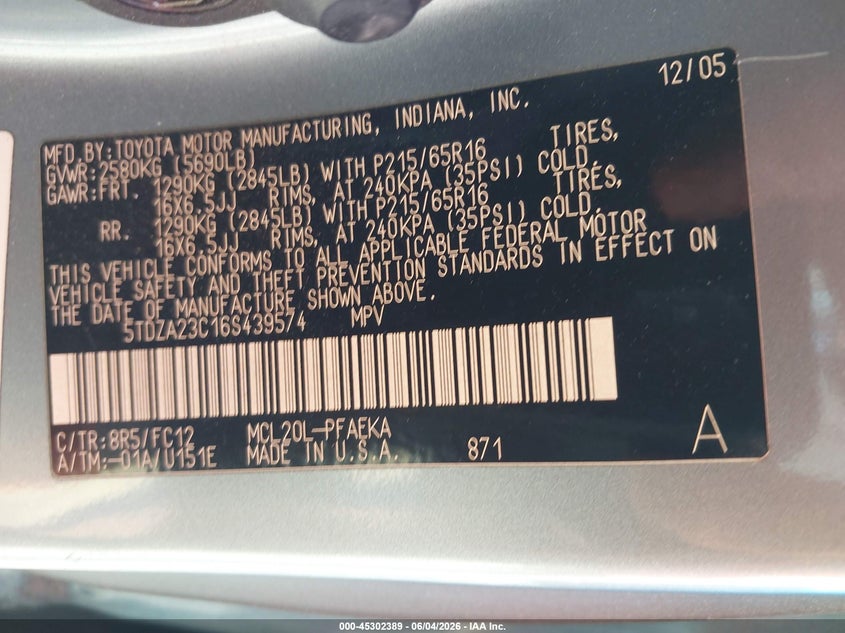 2006 Toyota Sienna VIN 5TDZA23C16S439574 IAAI salvage auction — NORMAL WEAR, Salvage Title - Dealer (California), sold $1,225 on 2026-07-07 (photo 9)