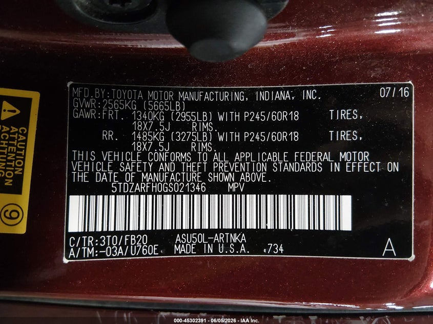 2016 Toyota Highlander VIN 5TDZARFH0GS021346 IAAI salvage auction — FRONT & REAR, Salvage Title, sold $3,850 on 2026-07-28 (photo 9)