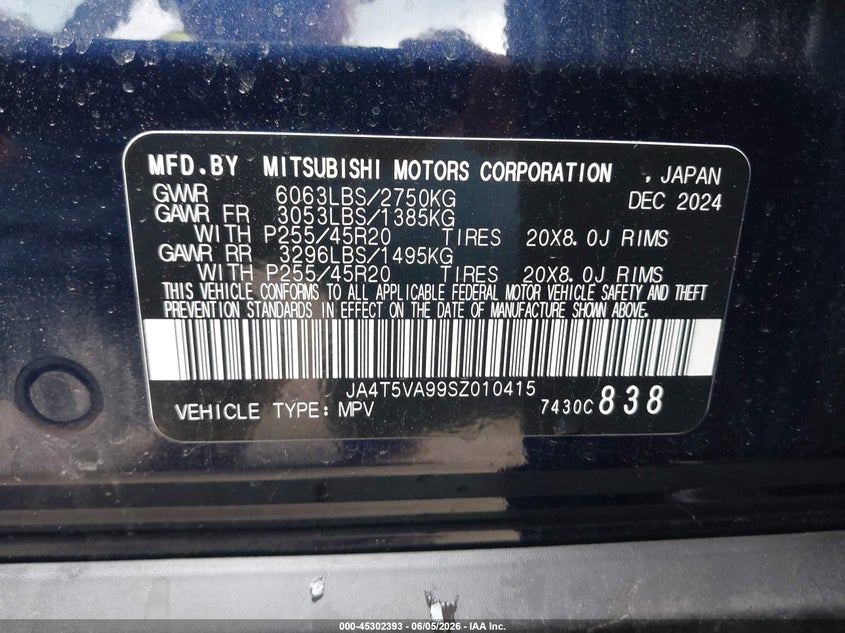 2025 Mitsubishi Outlander VIN JA4T5VA99SZ010415 IAAI salvage auction — REAR END, Salvage Title, sold $11,900 on 2026-07-31 (photo 9)